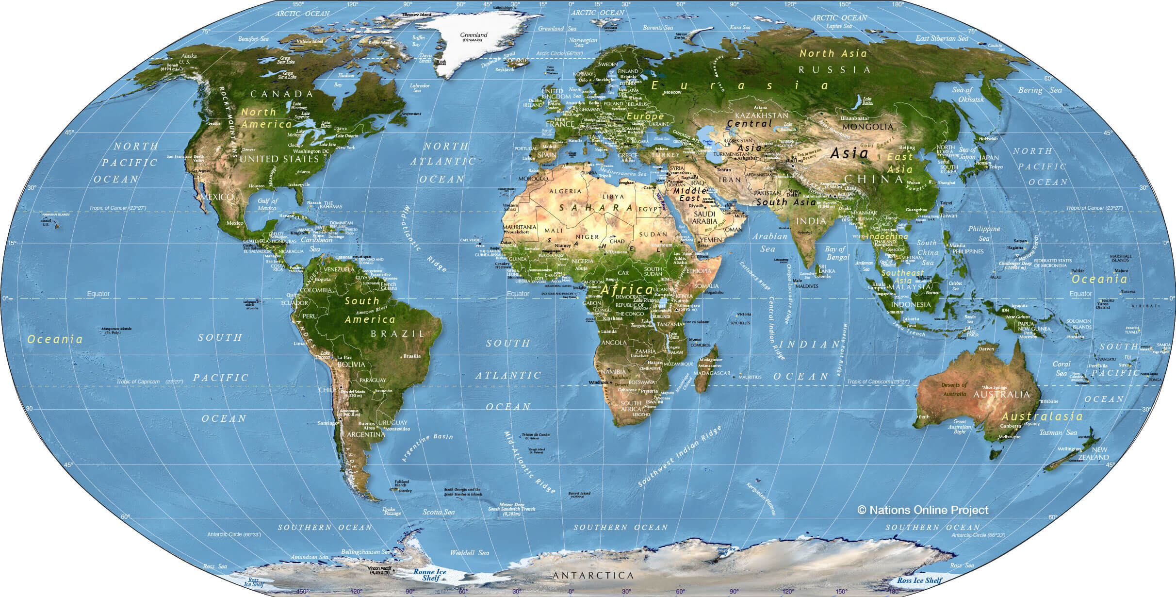 Physical map of the World with latitude and longitude