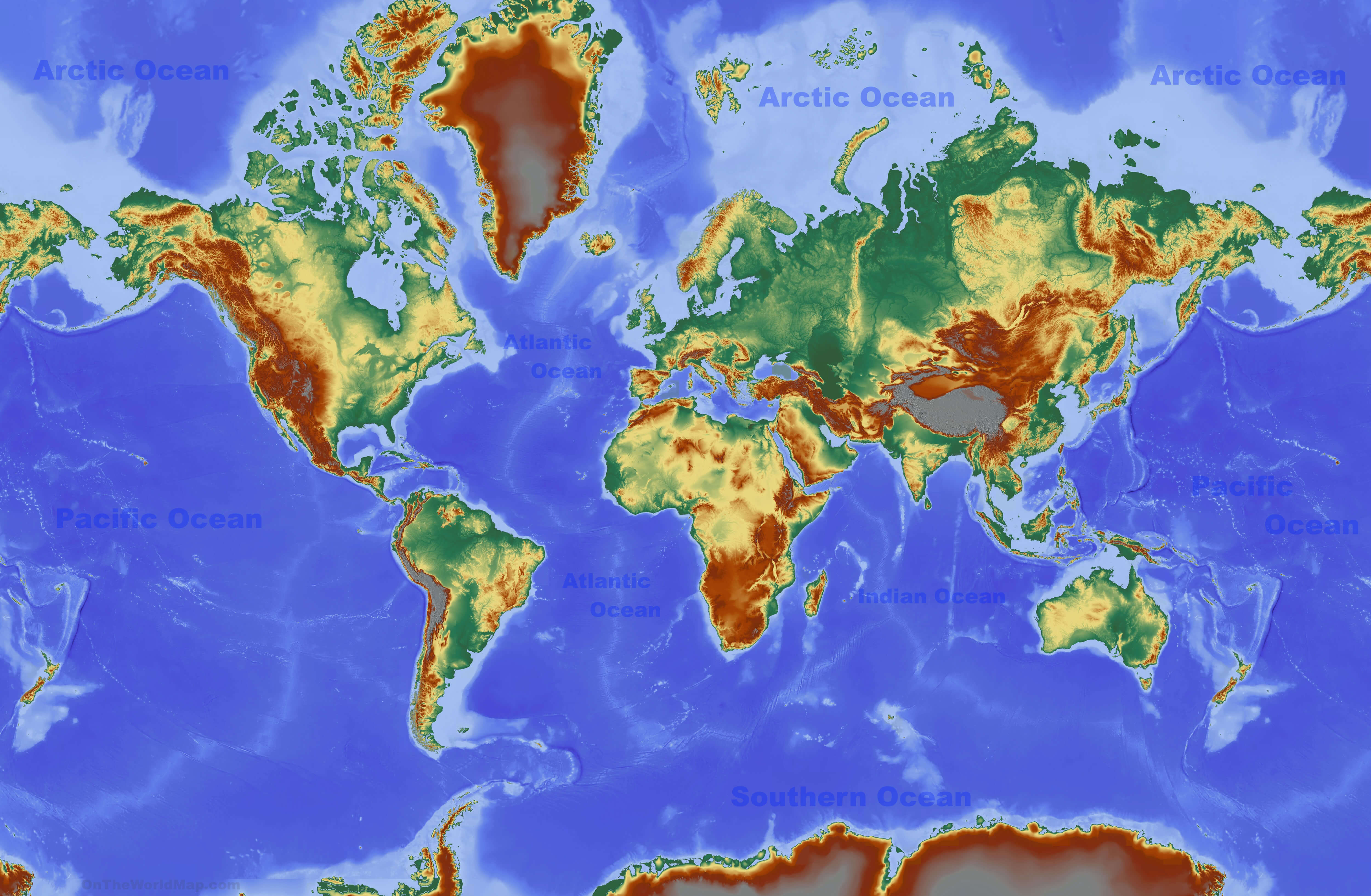 World physical map with oceans