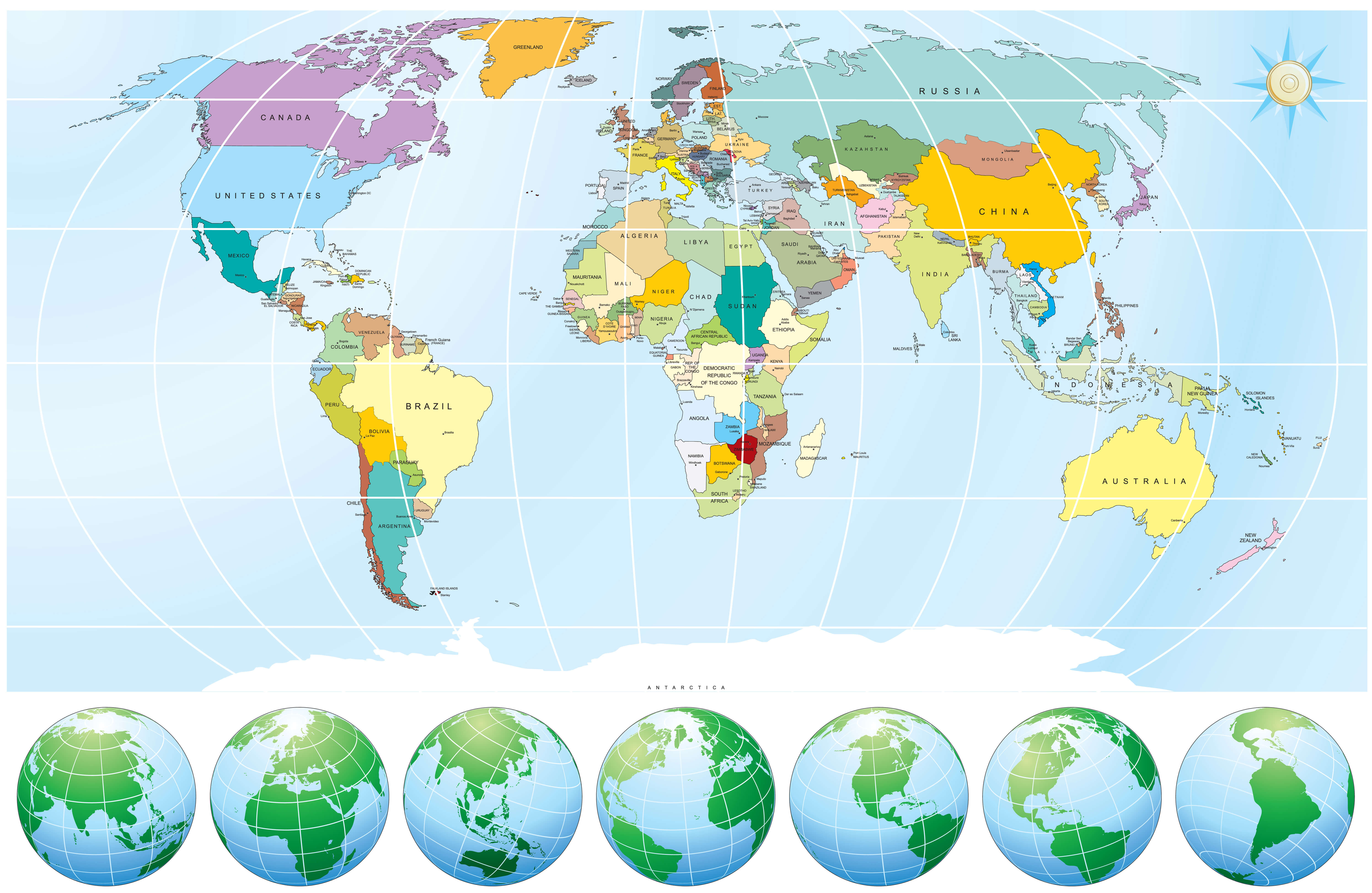 World political map with longitude and latitude