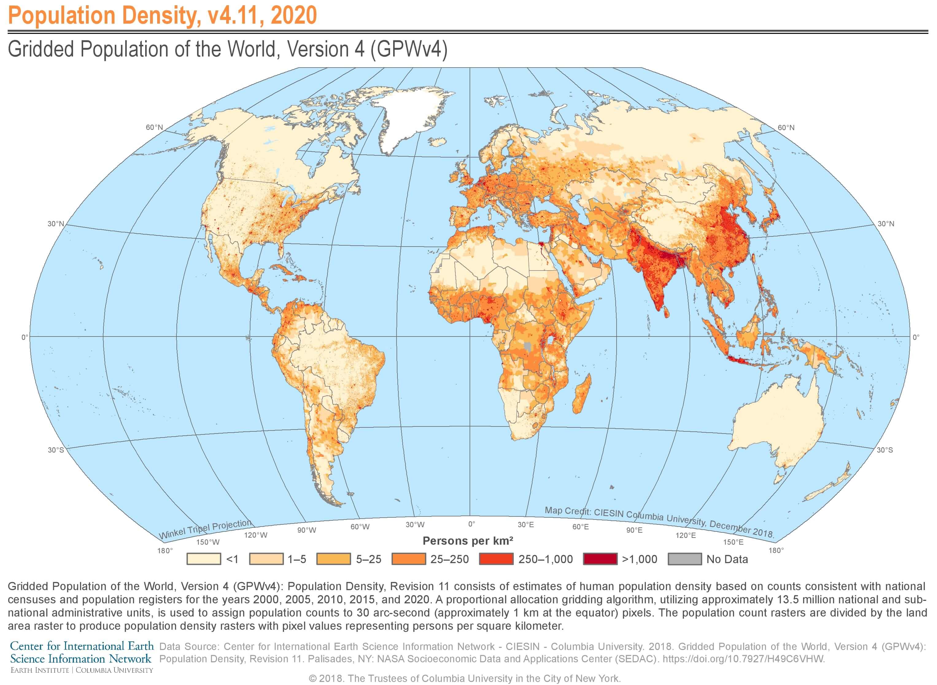 Population density per km2 map of the World in 2020