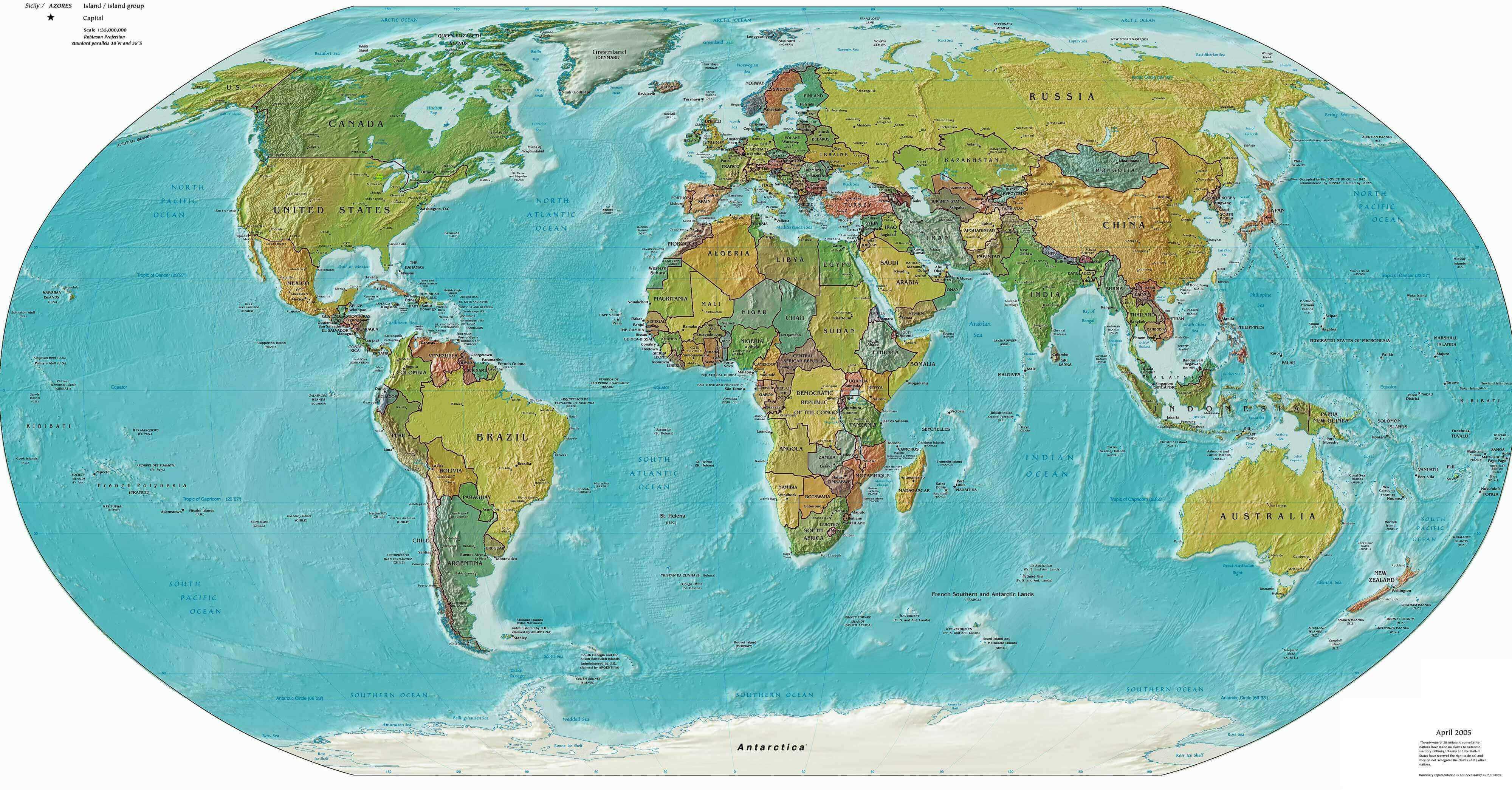 Printable free relief map of the World