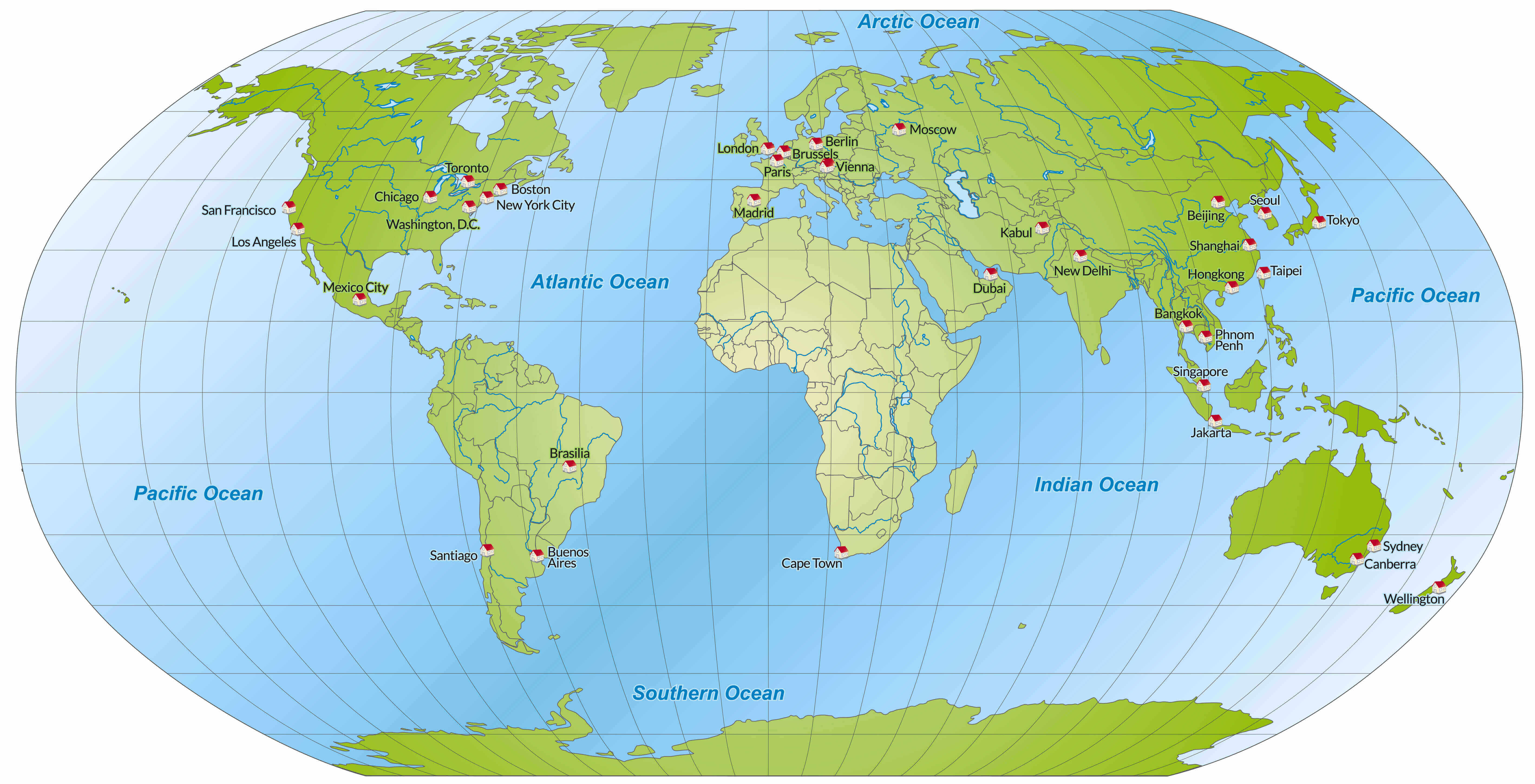 World printable map with longitude and latitude