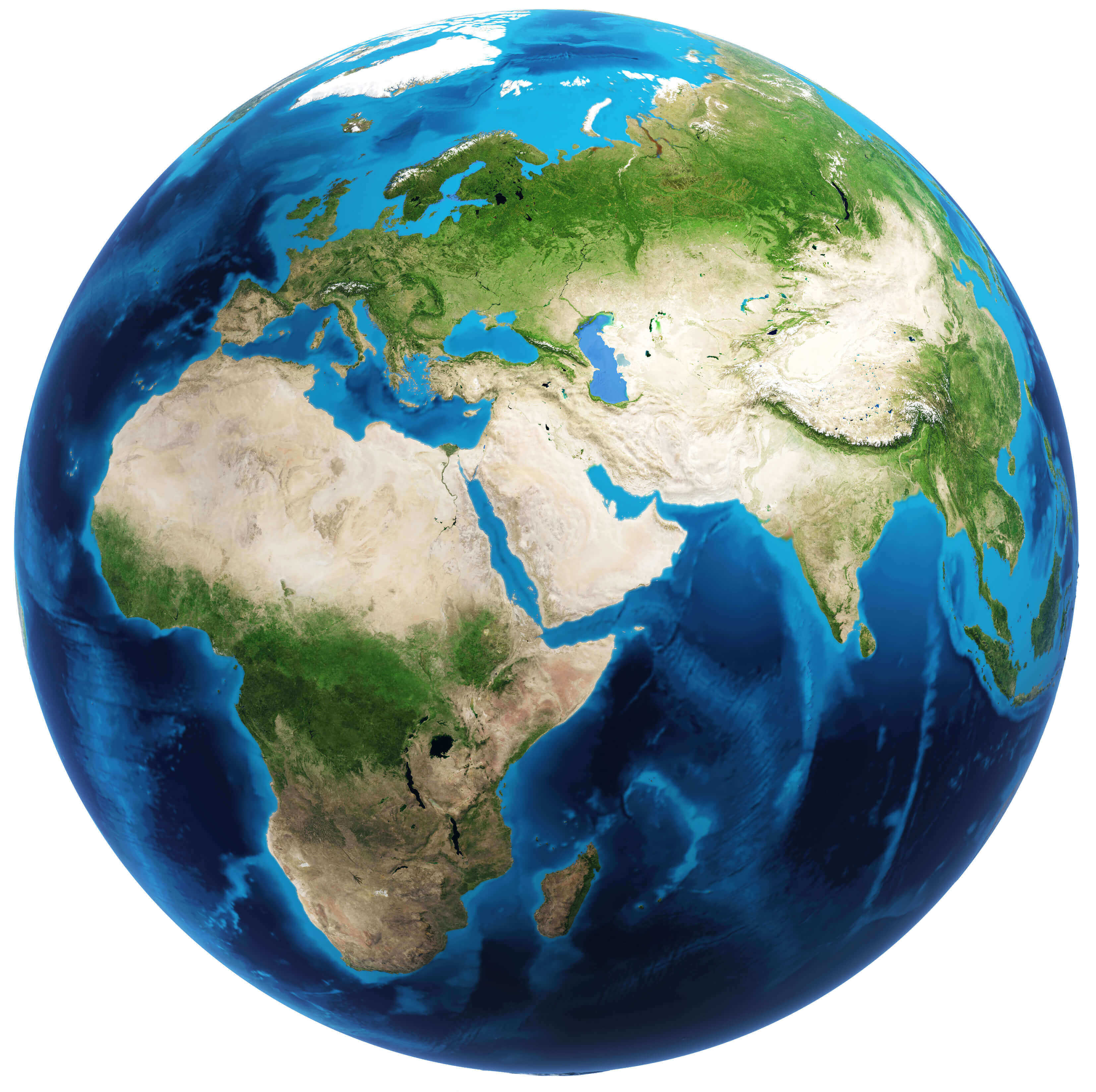 World physical map of Europe and Asia