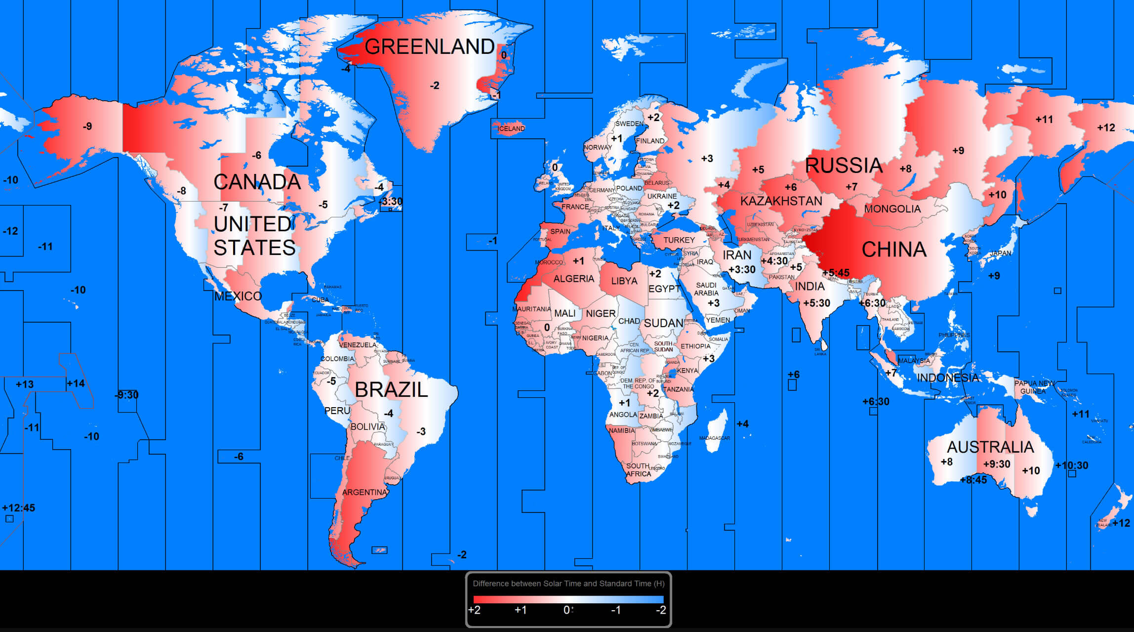 Time zone map and difference on Earth